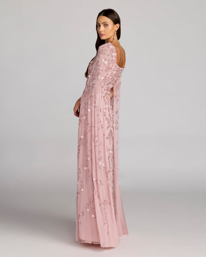 Floral Embellished Cape Sleeve Gown