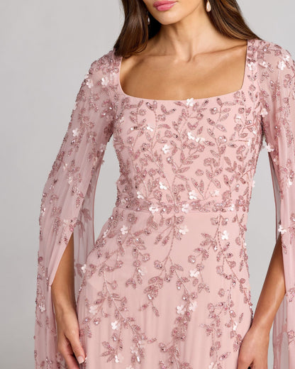 Floral Embellished Cape Sleeve Gown