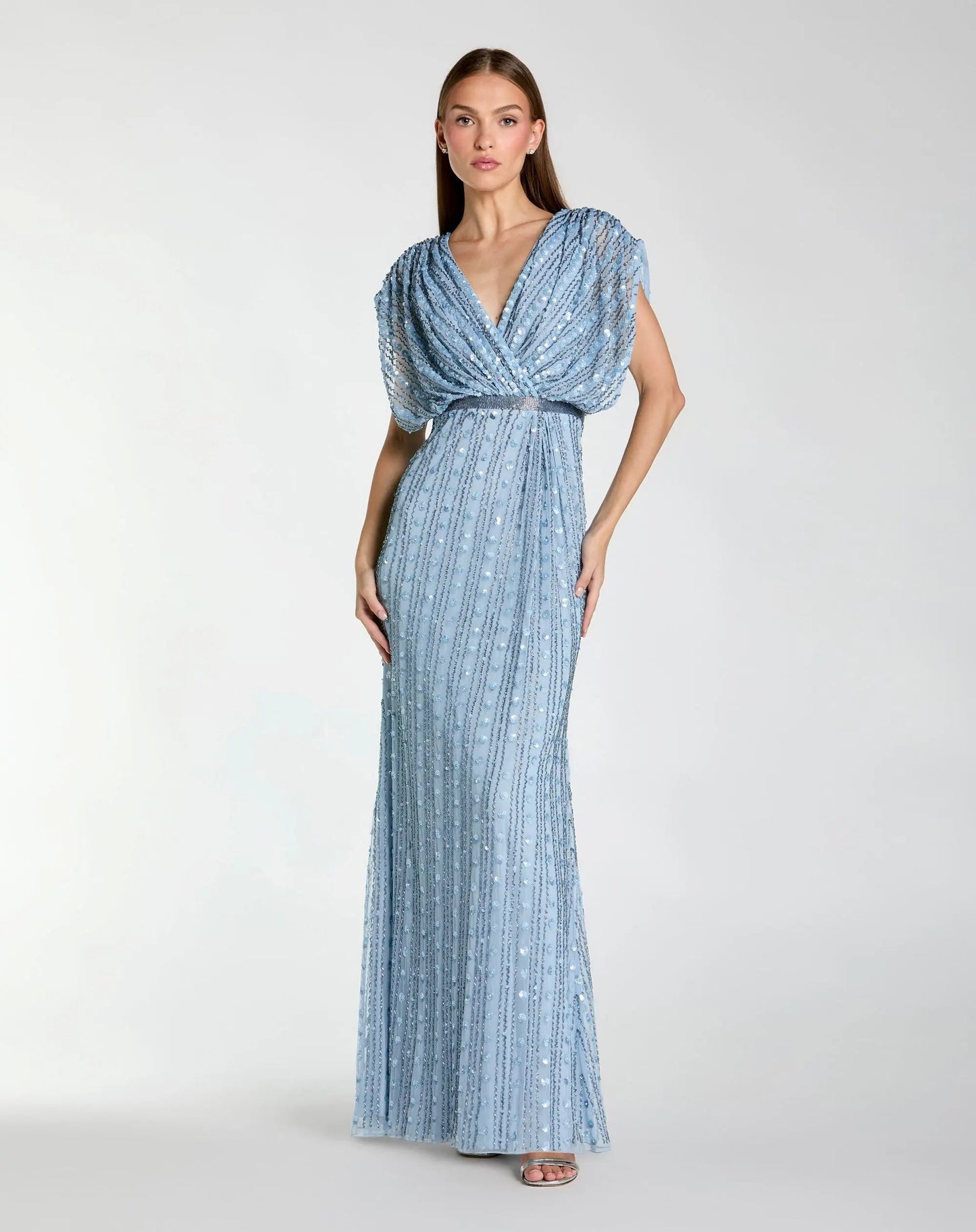 Embellished Blouson V Neck Column Gown