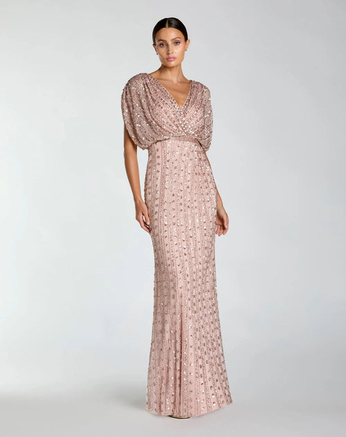 Embellished Blouson V Neck Column Gown