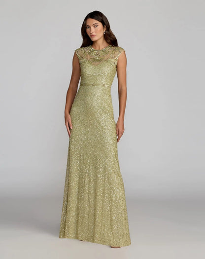 Green Embellished High Neck Cap Sleeve Gown