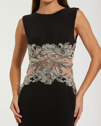 Black Sleeveless Jersey Gown With Beaded Waist Detail