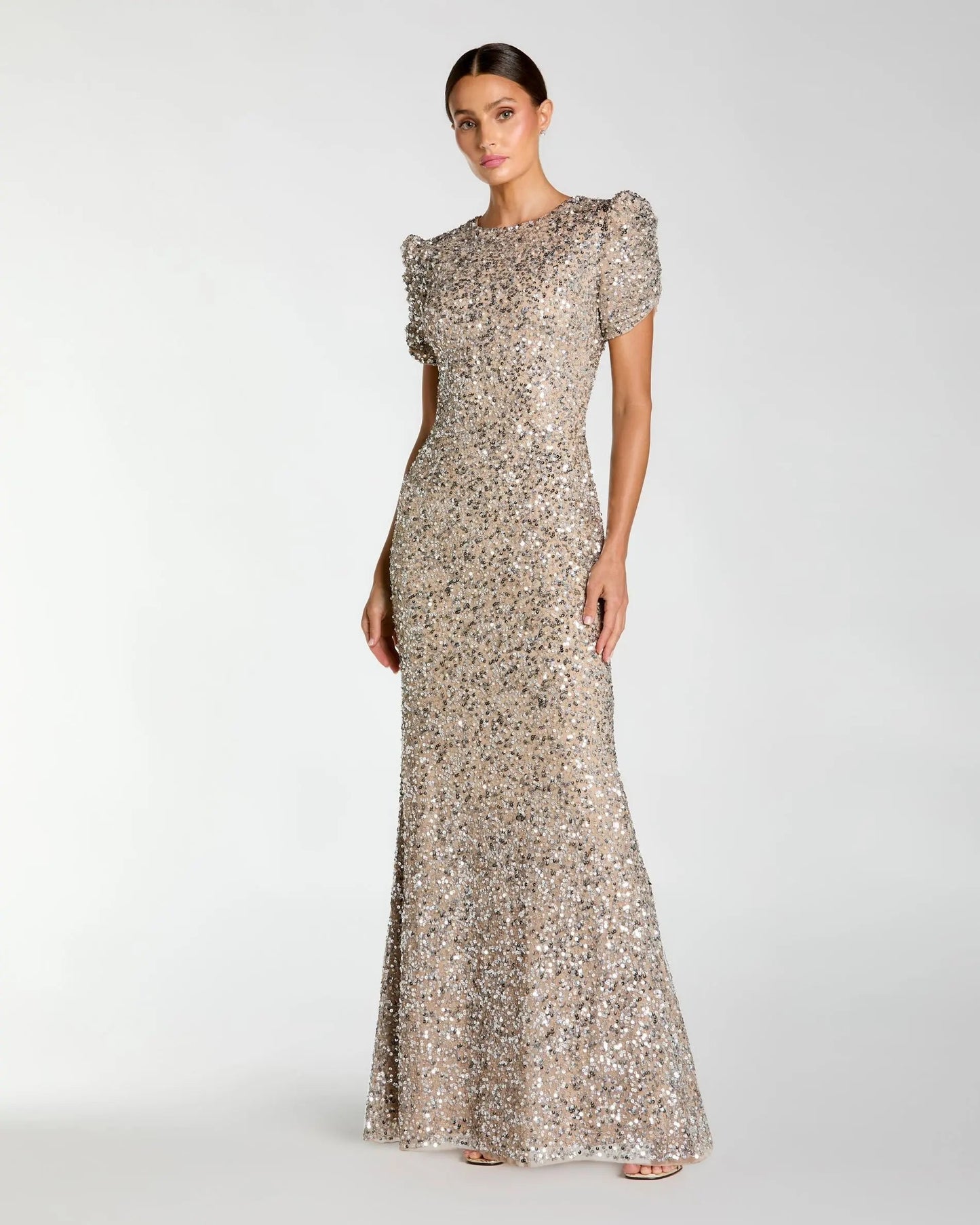 Beige Gathered Short Sleeve Embellished Gown