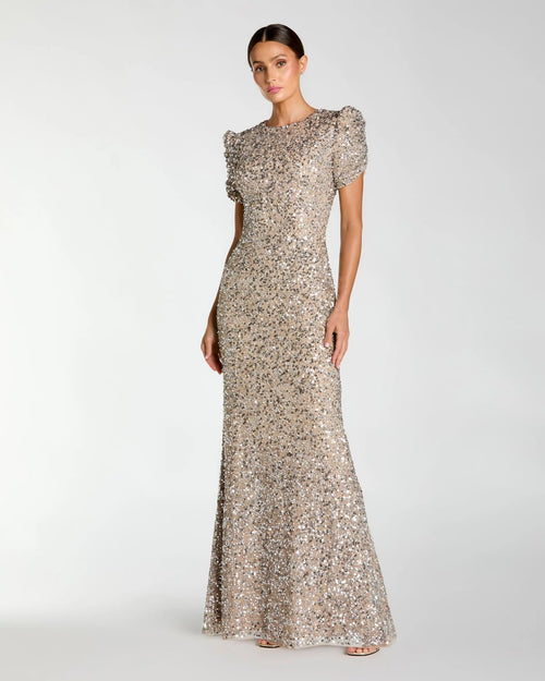 Beige Gathered Short Sleeve Embellished Gown