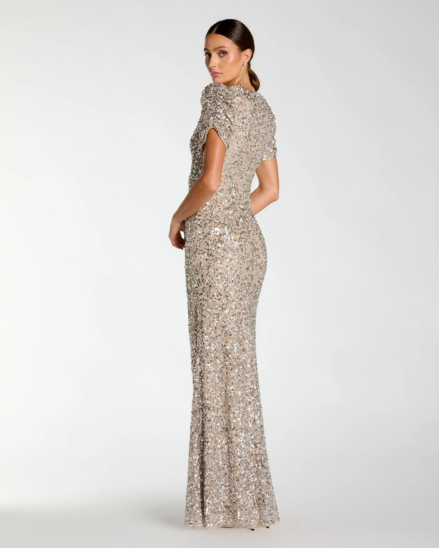 Beige Gathered Short Sleeve Embellished Gown