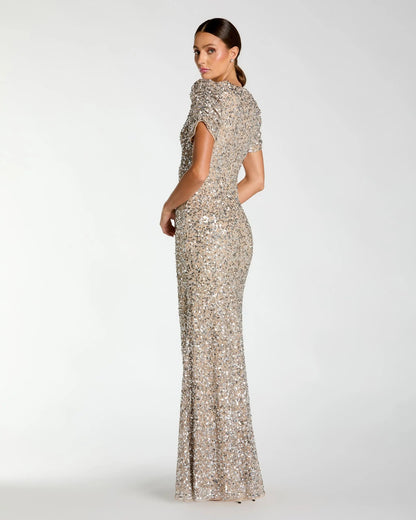 Beige Gathered Short Sleeve Embellished Gown