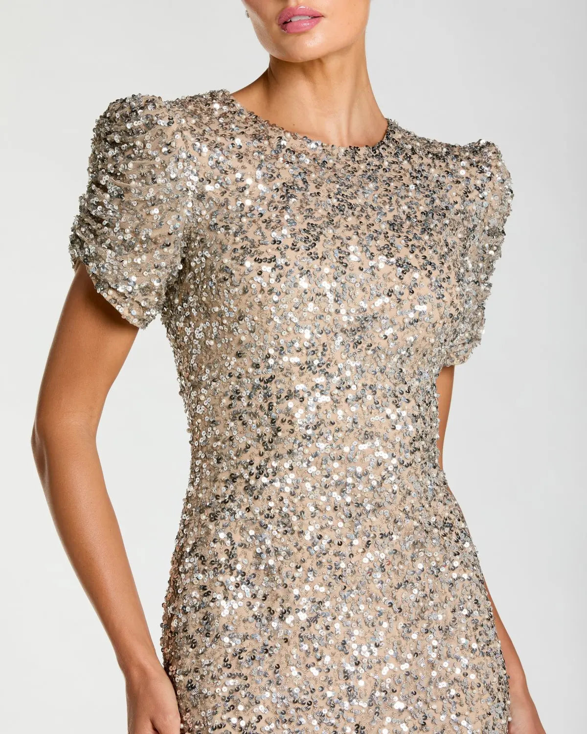 Beige Gathered Short Sleeve Embellished Gown