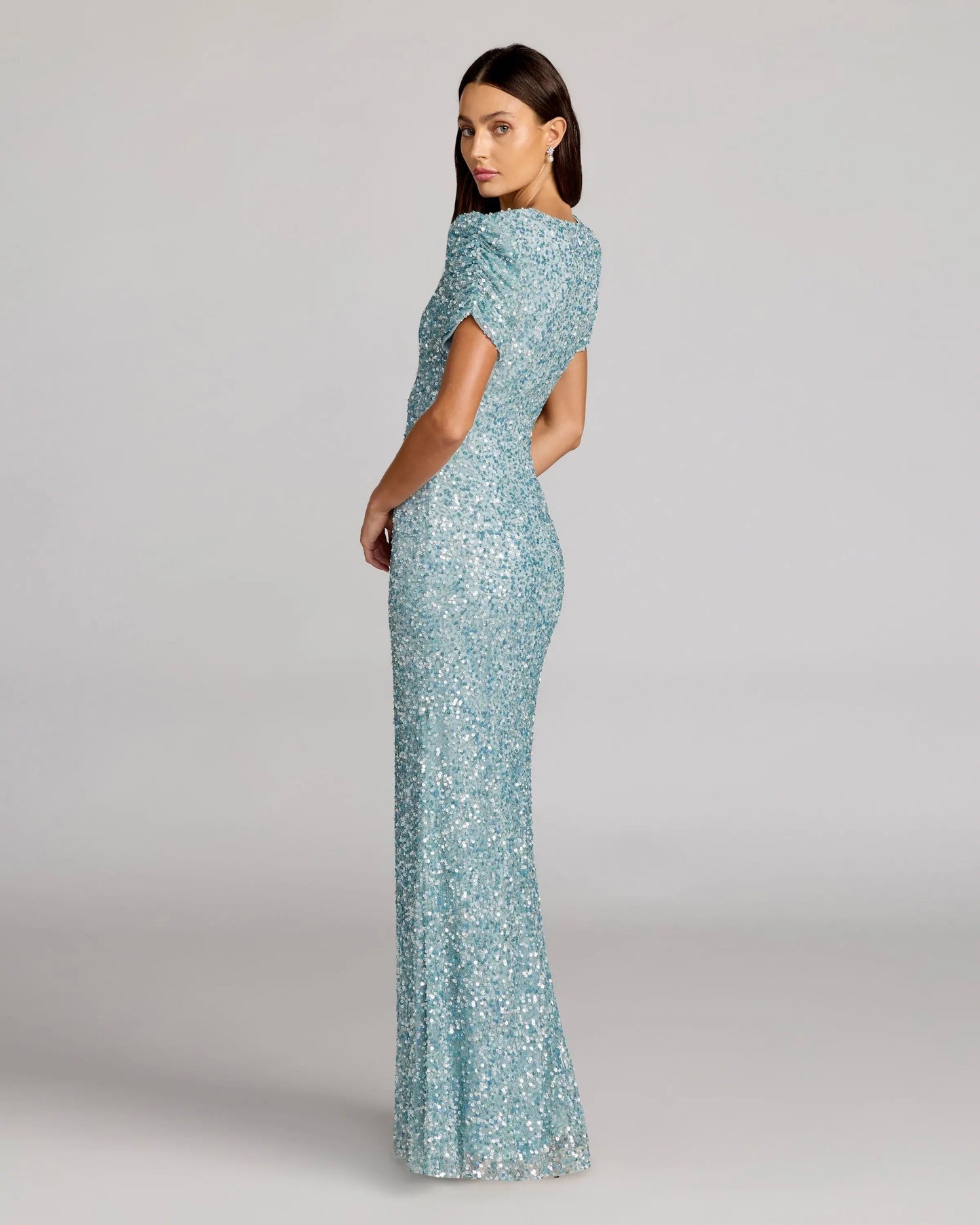 Blue Gathered Short Sleeve Embellished Gown