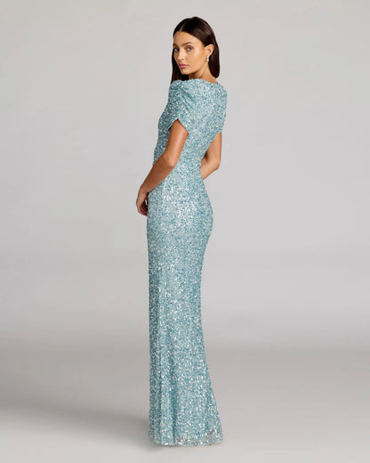 Blue Gathered Short Sleeve Embellished Gown