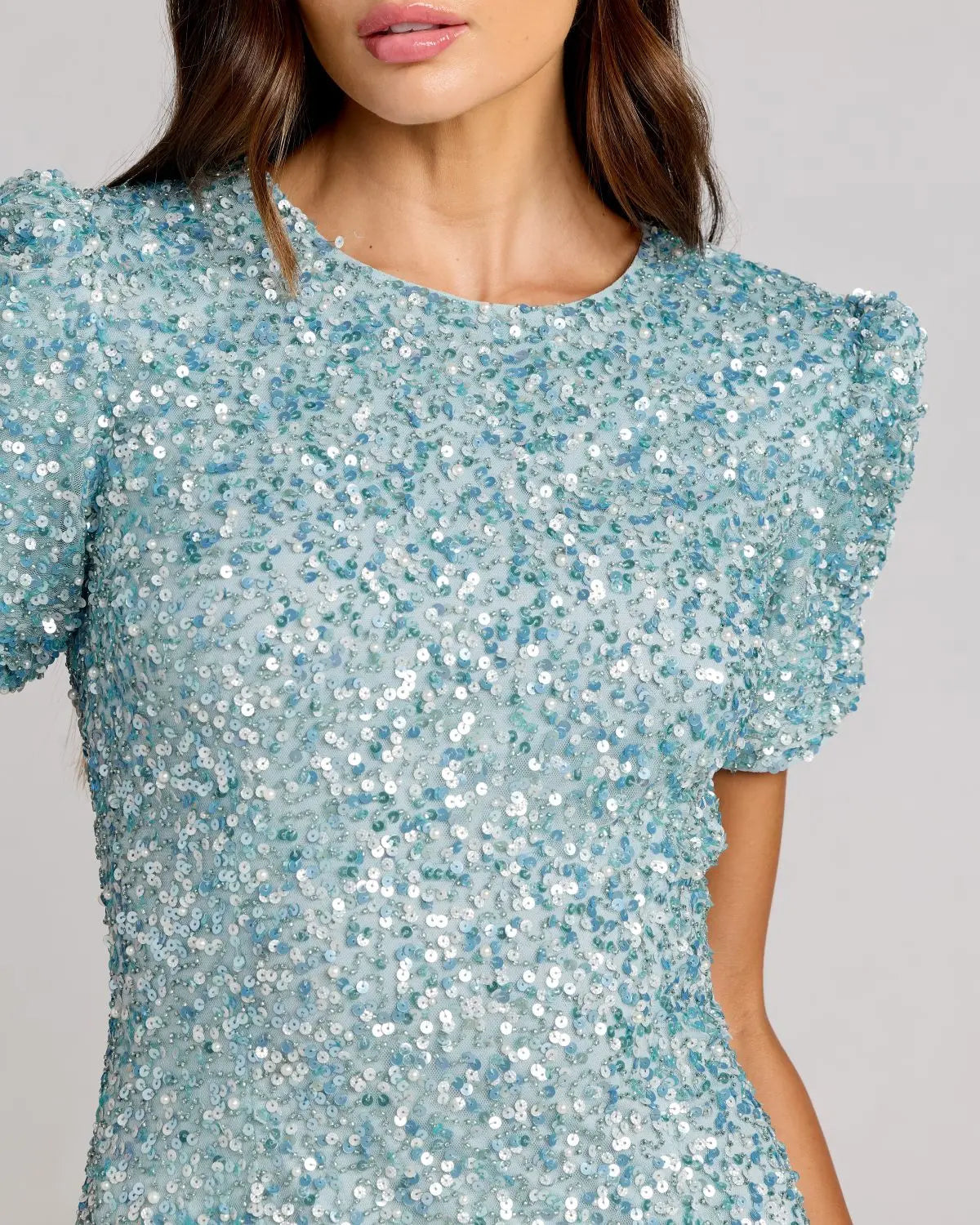 Blue Gathered Short Sleeve Embellished Gown