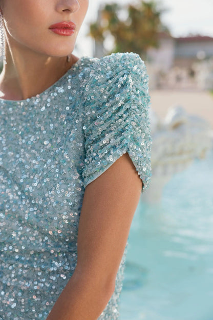 Blue Gathered Short Sleeve Embellished Gown