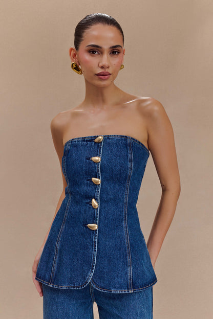 Lennox Strapless Long Line Button Top - Dark Blue