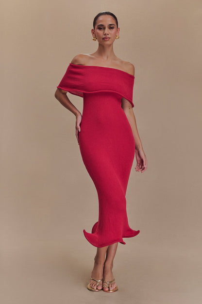 Molly Off Shoulder Knit Midi Dress - Raspberry