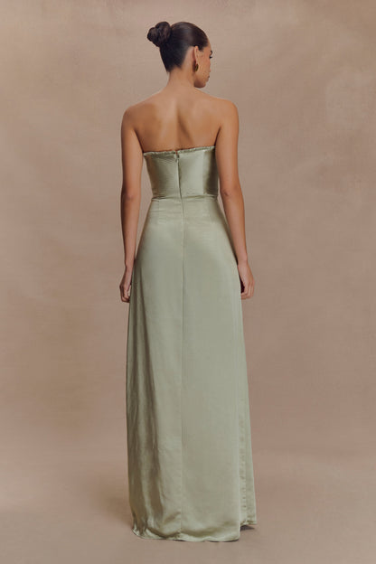 Larissa Satin Maxi Dress With Ruched Petals - Sage
