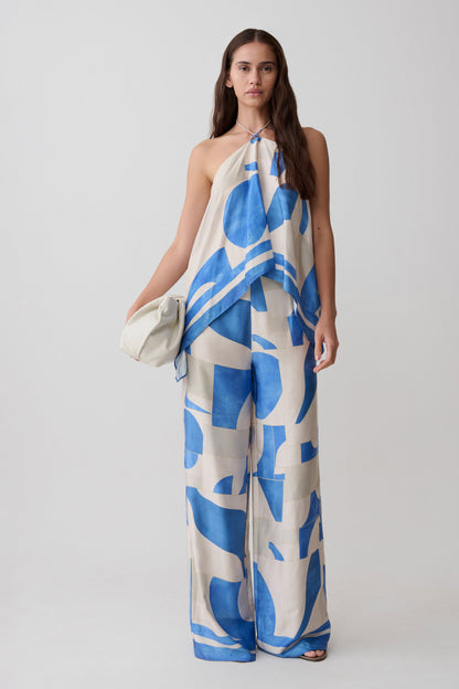 Rachel Satin Straight Leg Pants - Blue Geo Tile Print