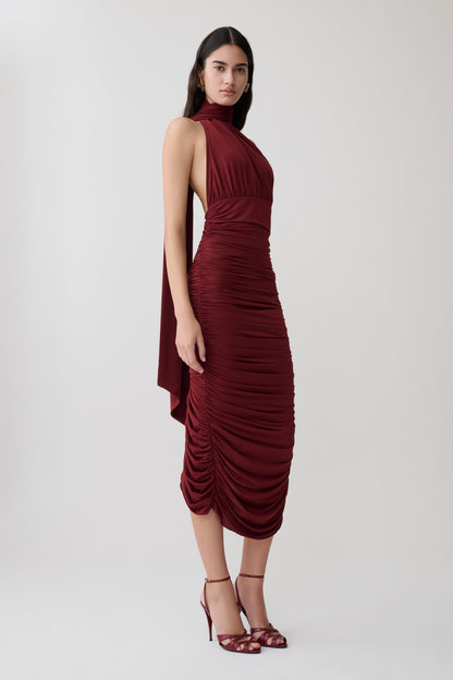 Giannie Draped Midi Dress - Merlot