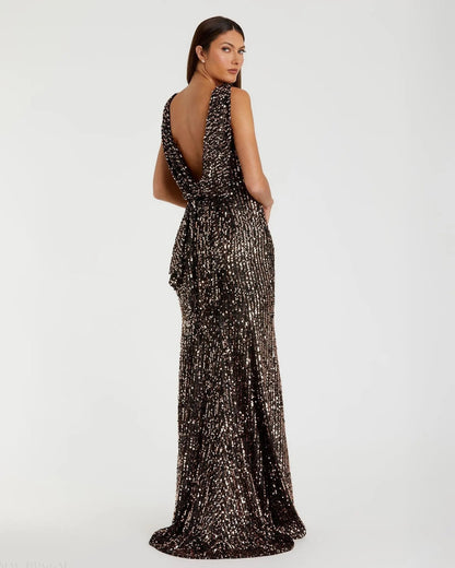 Brown Cowl Back Boat Neck Sequined Evening Gown