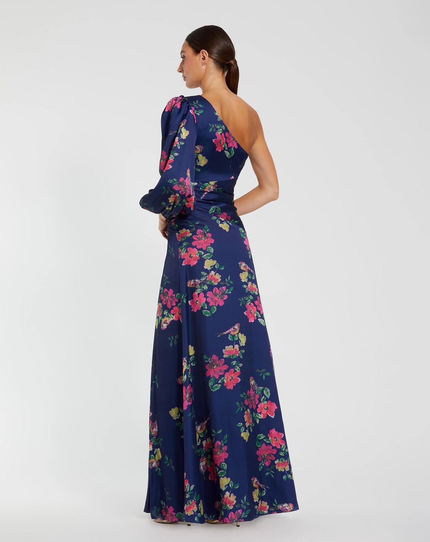 Navy Floral One Shoulder Charmeuse Gown With Slit
