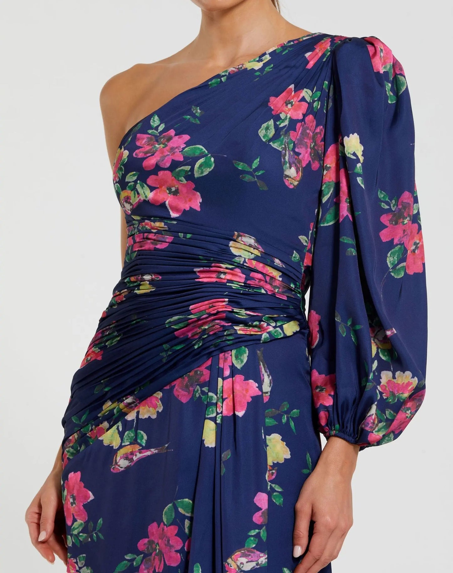 Navy Floral One Shoulder Charmeuse Gown With Slit