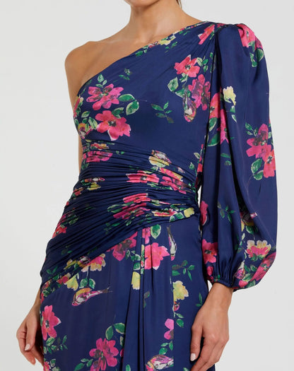 Navy Floral One Shoulder Charmeuse Gown With Slit