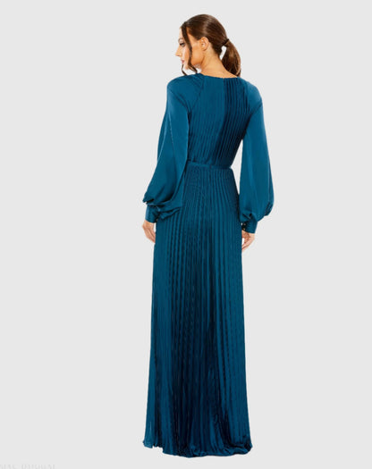 Blue Pleated High Neck Long Sleeve Gown with Slit