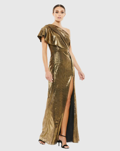 Gold Ruffled One Shoulder Metallic Evening Gown - FINAL SALE