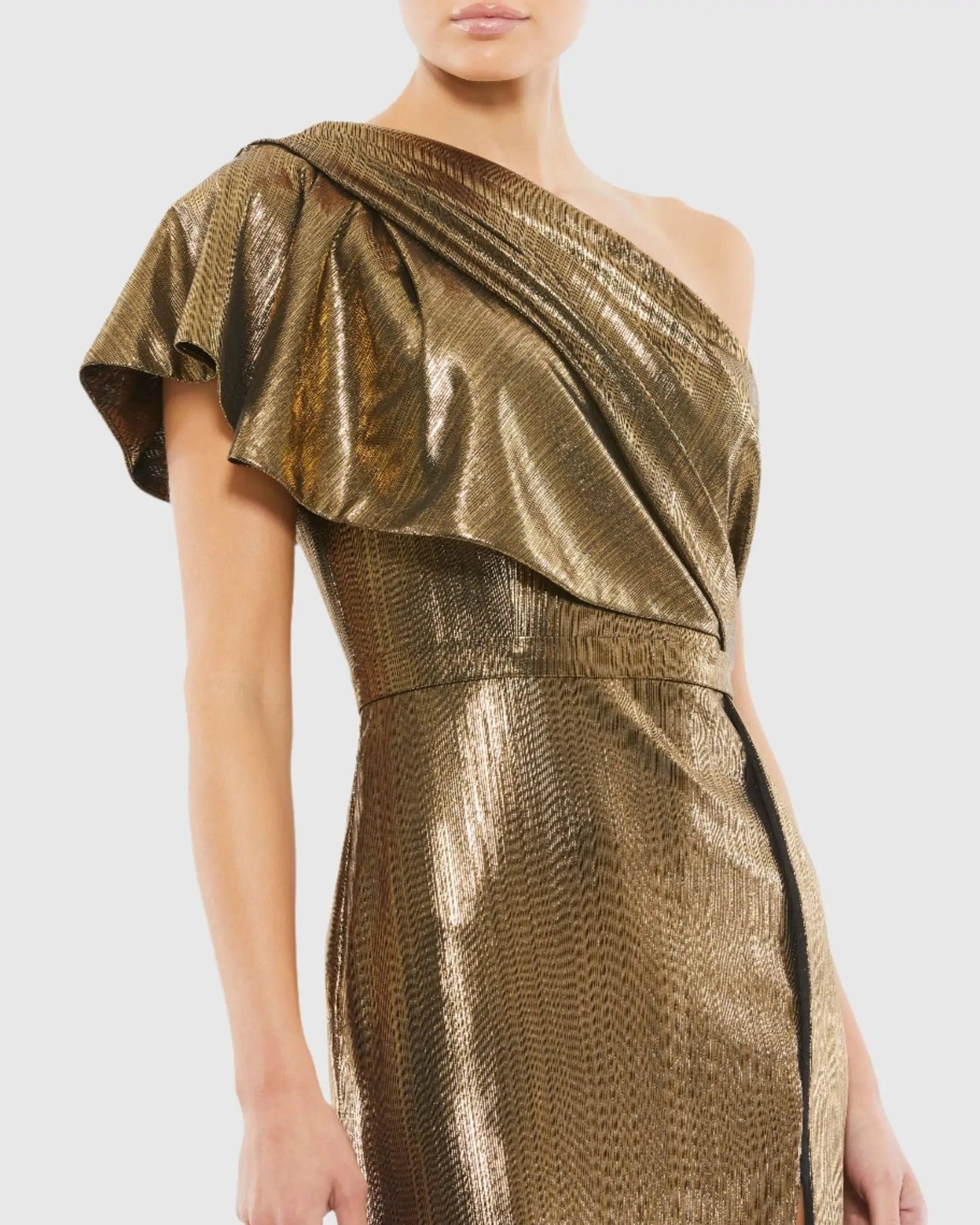 Gold Ruffled One Shoulder Metallic Evening Gown - FINAL SALE