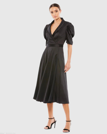 Black Satin Lapel Puff Sleeve Tea Length Dress