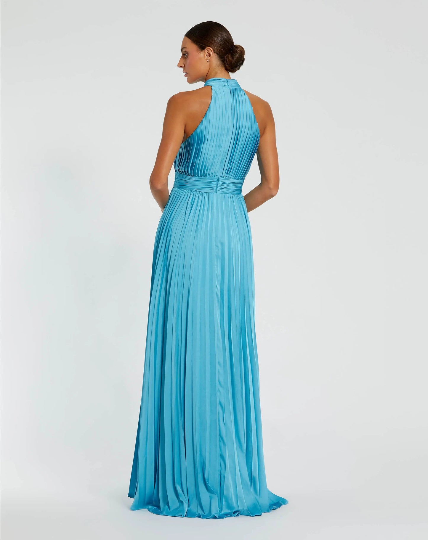 Blue Sleeveless Halter Neck Pleated Satin Gown