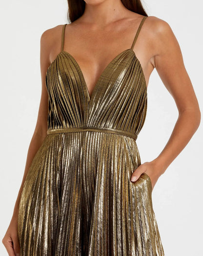 Gold Metallic Pleated V-Neck Jumpsuit