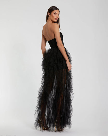 Black Strapless Bustier Net Gown With Spiral Ruffles