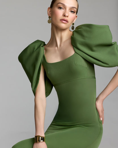 Green Crepe Square Neck Gown With Puff Sleeves
