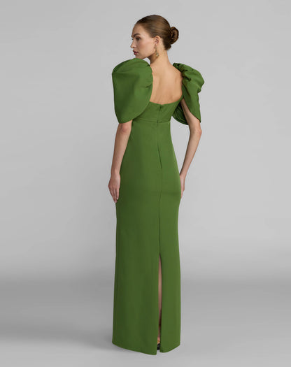 Green Crepe Square Neck Gown With Puff Sleeves