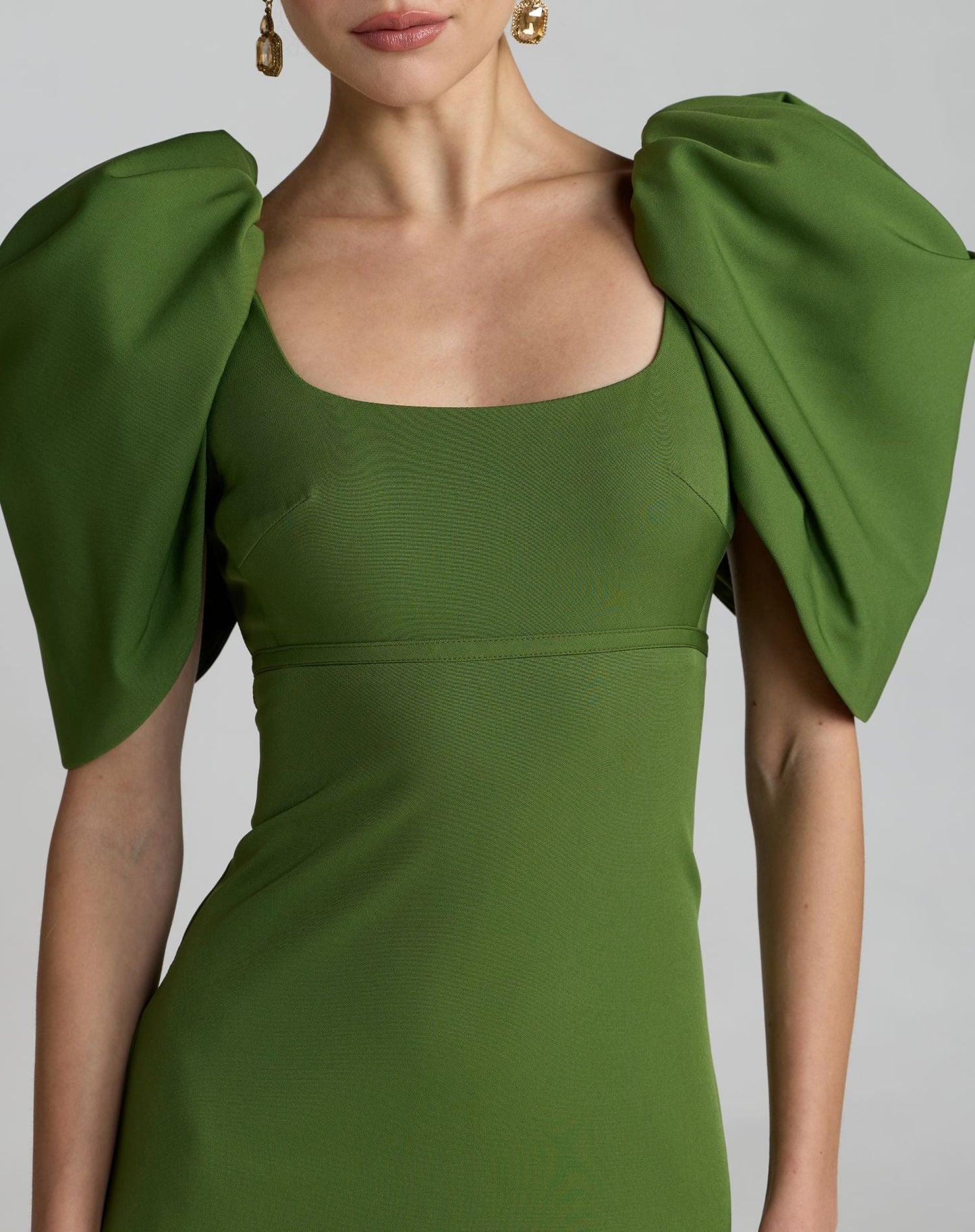 Green Crepe Square Neck Gown With Puff Sleeves