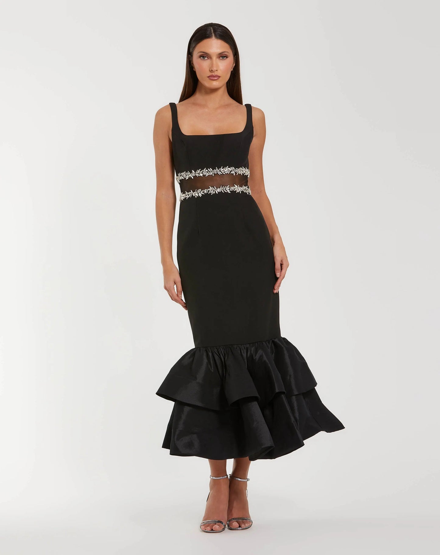 Crepe Ruffle Hem Midi Dress With Jewel Detail
