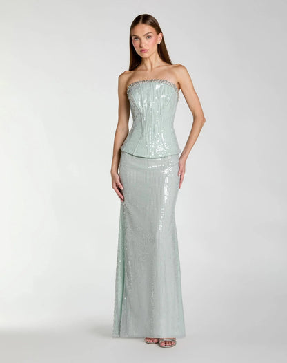 Blue Strapless Sequin Peplum Gown With Rhinestone Trim