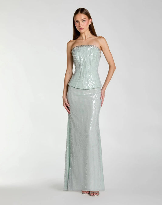 Blue Strapless Sequin Peplum Gown With Rhinestone Trim