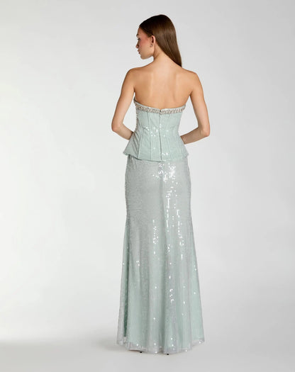 Blue Strapless Sequin Peplum Gown With Rhinestone Trim