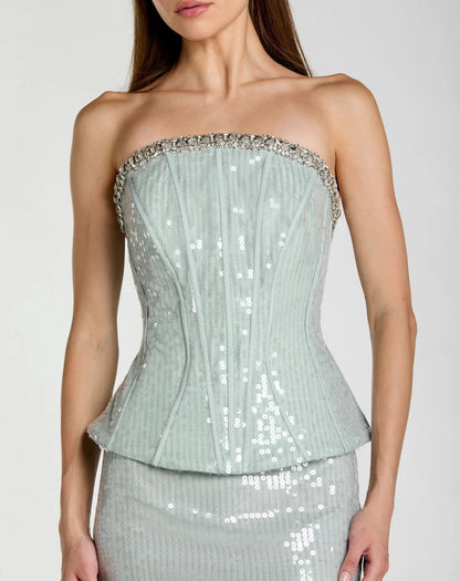 Blue Strapless Sequin Peplum Gown With Rhinestone Trim