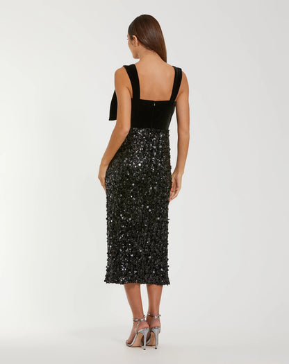 Black Sleeveless Sequin Midi Dress With Velvet Bow