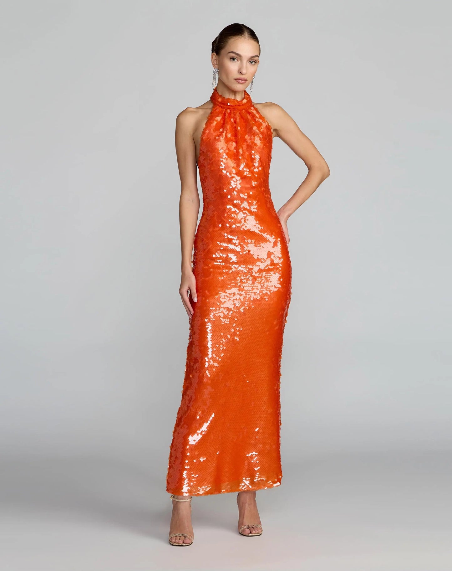 Orange Sequin Halter Neck Open Back Dress