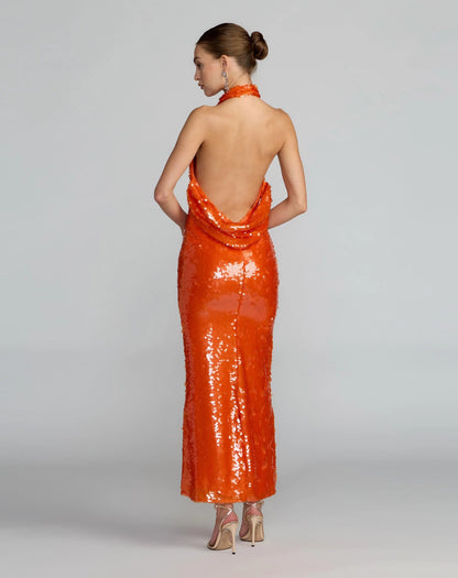 Orange Sequin Halter Neck Open Back Dress