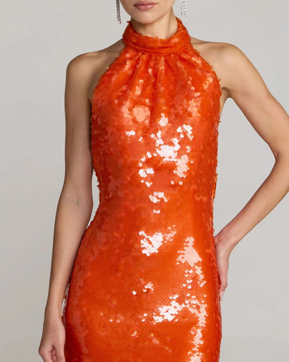 Orange Sequin Halter Neck Open Back Dress