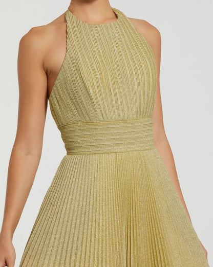 Gold Shimmering Pleated High Neck Ball Gown