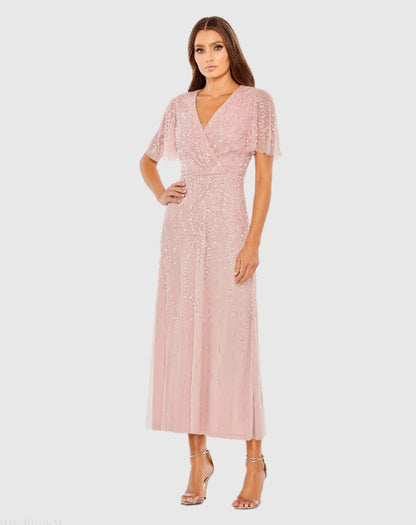 Beaded Wrap Over Butterfly Sleeve Column Dress