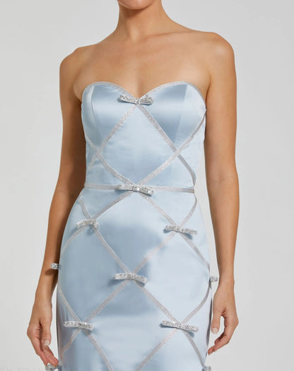 Blue Strapless Satin Trumpet Gown With Bow Details