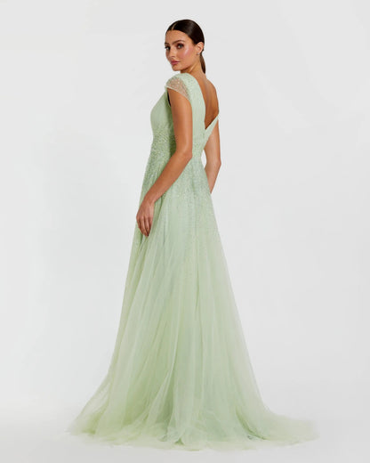 Green Embellished Cap Sleeve V Neck Tulle Gown