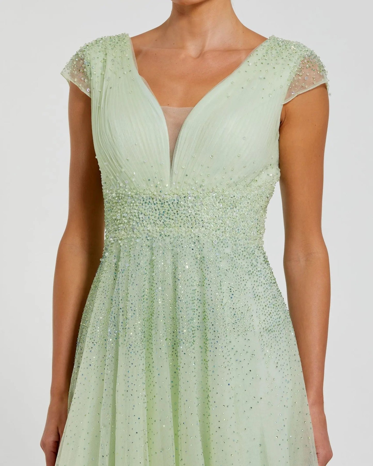 Green Embellished Cap Sleeve V Neck Tulle Gown