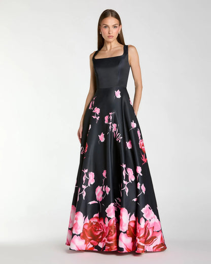 Black Square Neck Floral Print Ball Gown