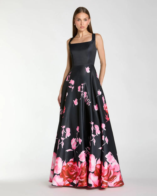 Black Square Neck Floral Print Ball Gown